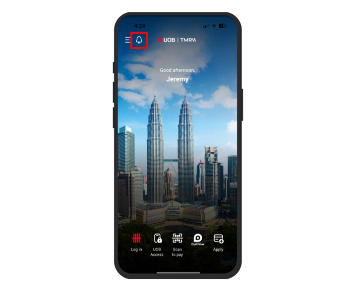 /Launch the UOB TMRW app and tap on the bell icon at the top left corner. 
