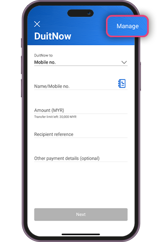 Click on “Manage’” on DuitNow page.